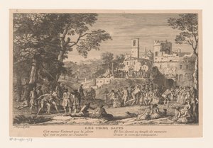 Paisagem com grupo de pessoas assistindo a uma corrida de salto em distância Les trois sauts (título no objeto) de Jacques Rigaud
