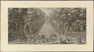 Vue de la Grande Cascade dans les jardins de Marly (giz preto, caneta e tinta preta, lavagem cinzenta) de Jacques Rigaud