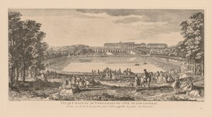 Vista do Palácio de Versalhes, perto do Laranjal, além da lagoa suíça. de Jacques Rigaud