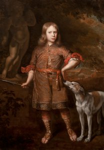 Retrato, de, um, menino, como, um, caçador, segurando, um, javali lança, com, um, greyhound, mid-1670s