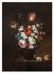 Uma rosa, tulipa, íris, papoulas, madressilva e outras flores em um vaso de vidro com conchas em uma borda de Jacques de Claeuw
