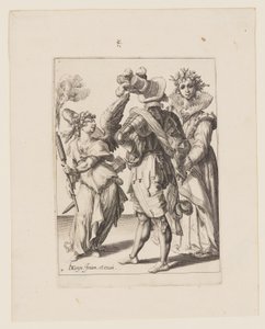 Um Cupido de olhos vendados segurando uma tocha diante de um casal, de The Masquerades de Jacques de Gheyn II