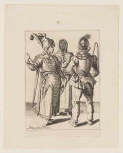 Um Grandee em traje oriental, um homem com um galo preso ao cinto e uma mulher velada tocando o Rumbling-Pot, de The Masquerades de Jacques de Gheyn II