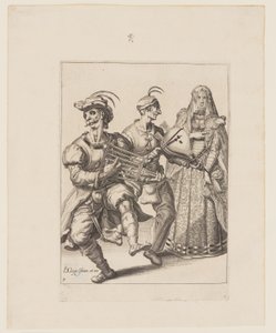 Uma mulher velada com dois músicos tocando um ferro de engomar e um fole, de As máscaras de Jacques de Gheyn II