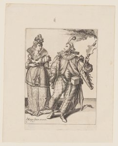 Uma mulher conduzida por um jogador segurando uma tocha, de The Masquerades de Jacques de Gheyn II