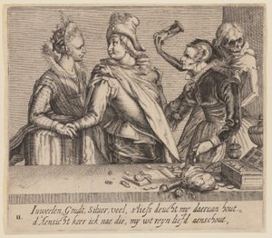 Um homem jovem entre uma mulher jovem e uma mulher velha, de Amantes desiguais de Jacques de Gheyn II