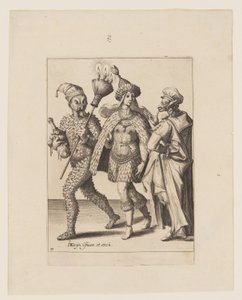 Um velho mummer dirigindo-se a um casal vestido com folhas e penas de pássaro, de As Máscaras de Jacques de Gheyn II