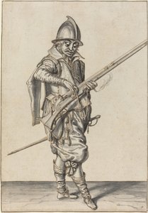 Soldado elegantemente vestido preparando-se para disparar seu calibre de Jacques de Gheyn II