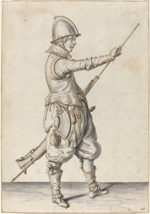 Soldado elegantemente vestido socando seu calibrador de Jacques de Gheyn II