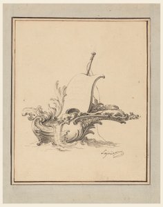 Desenho, Desenho de um escudo em forma de barco com vela, para o Recueil Nouveau de Differens Cartouches, 1734 de Jacques de Lajoüe