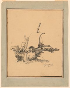 Desenho, Desenho de um escudo em forma de barco com vela, para o Recueil Nouveau de Differens Cartouches, 1734 de Jacques de Lajoüe