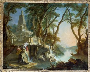 Paisagem compõe ou "o rio" Fonte Piramidal com estátua de Netuno quebrada. Pintura de Jacques de Lajoue (1686-1761) Sol do século XVIII. 0,81 x 1,01 m