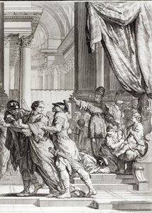 Jeoiada, sumo sacerdote de Jerusalém Proclamando o príncipe Joás como rei de Judá, cena de &39;Athalie&39; por Jean Racine (1639-99) gravada por Jean-Jacques Flipart (1719-82)