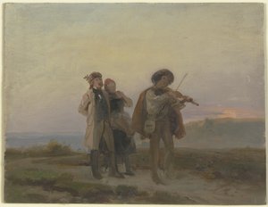 Passeio ao fim da tarde, um violinista e um casal de camponeses nos campos de Jakob Becker