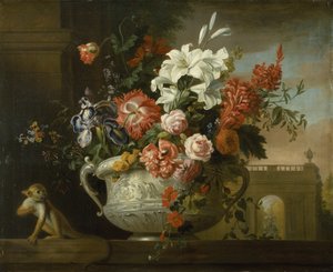Natureza morta com flores numa urna, com um macaco, num parapeito, c.1699 (óleo sobre tela) de Jakob Bogdani or Bogdany