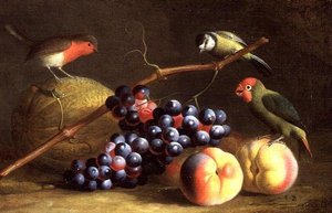 Três Pássaros com Pêssegos, Uvas e um Melão