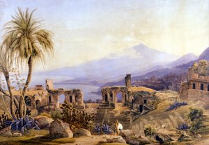Taormina na Sicília: as ruínas e o Etna. Pintura de Jacob Suter, por volta de 1850. de Jakob Suter