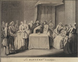 Um baptismo doméstico (gravura) de Jakob van der Schley