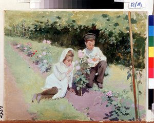 "Duas crianças num jardim de rosas. Pintura de Jakov Kalinichenko (1869-1938) 1908 Estado Regional I. Museu de Arte de Pozhalostin, Ryasan