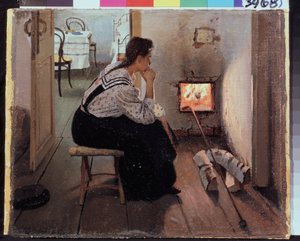"Thoughts at the stove" Uma jovem mulher sentada pensivamente em frente ao fogo. Pintura de Jakov Kalinichenko (1869-1938) 1897 State Regional I. Museu de Arte de Pozhalostin, Ryasan