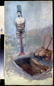 Revolução Russa de 1905: "A Execução" Um homem condenado amarrado a um posto perto da sua sepultura escavada. Pintura de Jakov Kalinichenko (1869-1938) 1905 Estado Regional I. Museu de Arte de Pozhalostin, Ryasan