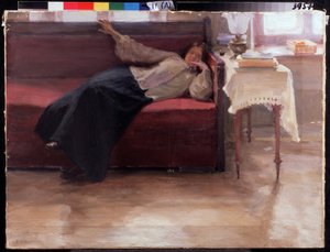 "Canções", uma rapariga pensativa deitada num sofá. Pintura de Jakov Kalinichenko (1869-1938) 1904 Estado Regional I. Museu de Arte de Pozhalostin, Ryasan