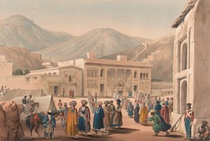 O Durbar-Khaneh do Shah Shoojah-ool-Moolk, em Cabaul [sic], c.1840 (litografia, colorido) de James (after) Atkinson