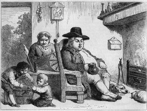 John Bull feliz: John Bull (personagem do típico inglês, símbolo da Inglaterra) em casa com sua esposa e filhos. Gravura de Gilbert depois de Gillray. Em "Le Magasin pitoresco".