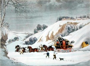 Um Correio na neve profunda, gravado por George Hunt (cor litho)
