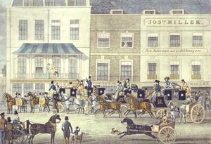 West Country Mail no Gloucester Coffee House, Piccadilly, gravado por C. Rosenberg (litografia colorida)