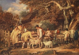 Tosquia de ovelhas, c.1820 (cor litho) de James (after) Ward