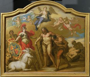 Alegoria do Poder da Grã-Bretanha por Land, projeto para um painel decorativo para a carruagem cerimonial de Jorge I, c.1718 (óleo no painel) de James (attr. to) Thornhill