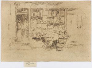 Pequena mercearia, Chelsea, c.1884-86 (gravura; tinta sobre papel) de James Abbott McNeill Whistler