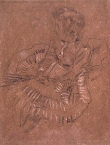 PD.67-1959 A Seated Girl in a Large Skirt (A Study of Elinor Leyland) c.1870-80 (giz preto e branco sobre papel castanho) de James Abbott McNeill Whistler