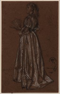 Figura de pé com leque, c.1873/1876 (giz preto e branco sobre papel castanho) de James Abbott McNeill Whistler