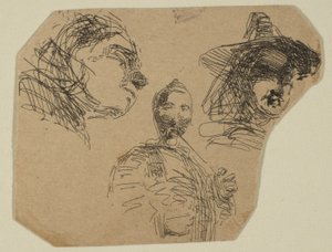 Duas cabeças femininas e uma figura em pé de esboços na placa de levantamento da costa, 1854-55. de James Abbott McNeill Whistler