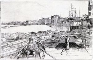 Vista do Tamisa, sobre a bacia de Londres (Inglaterra), em 1859, pertence a uma série de gravuras sobre o Tamisa, que destaca a comunidade de trabalhadores marítimos da capital inglesa de James Abbott McNeill Whistler