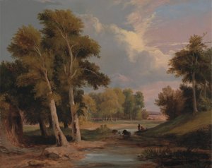 Uma paisagem de rio arborizada com pescadores de James Arthur O