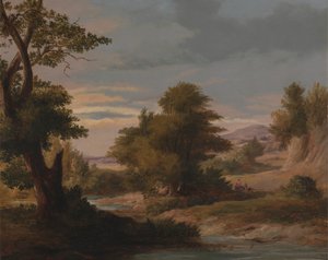 Uma paisagem fluvial arborizada com mãe e filho de James Arthur O