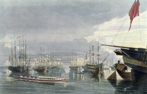 Uma vista do rio, expedição e cidade de Calcutá, perto da doca de Smiths, 1837, gravada por Robert Havell, o jovem (1793-1878) (aquatint)