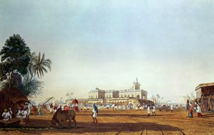 Lall Bazaar e a Capela Portuguesa, Calcutá, gravada por Robert Havell, pub. 1824