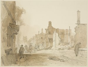 Ruínas da Casa da Mansão e Casa de Costumes na Praça da Rainha depois dos Riots (lápis e aquarela sobre papel) de James Baker Pyne