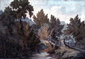 Paisagem, com, ponte, e, fluxo