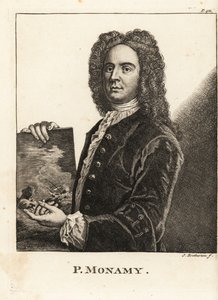 Retrato de Peter Monamy, pintor marinho inglês com uma cena marítima