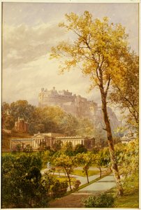 Uma vista dos Princes Street Gardens e da Galeria Nacional, Edimburgo, olhando para oeste em direção ao castelo, 1855
