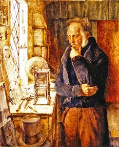 O nosso relojoeiro de aldeia a resolver um problema (óleo sobre tela) de James Campbell