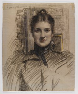Retrato de Minnie Clark, de 1890 (carvão com lápis de cor ou pastel em papel colocado cinza-azul)