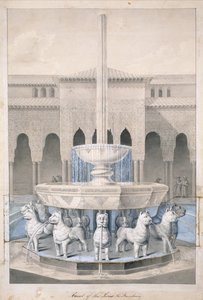 Chafariz no Pátio dos Leões, Alhambra, das Antiguidades Árabes da Espanha, publicado em 1815 (gravura colorida à mão)