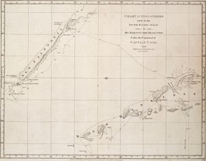 Mapa das descobertas efectuadas no Oceano Pacífico Sul no navio de Sua Majestade "Resolution", sob o comando do Capitão Cook de James Cook