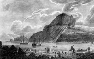 Ilha Kerguelen, vista da Baía de Natal, desenho de William Hodges, gravura de William Watts, ilustração de Voyage towards South Pole, e Round World, de James Cook (1728-1779), edição publicada em Paris em 1778